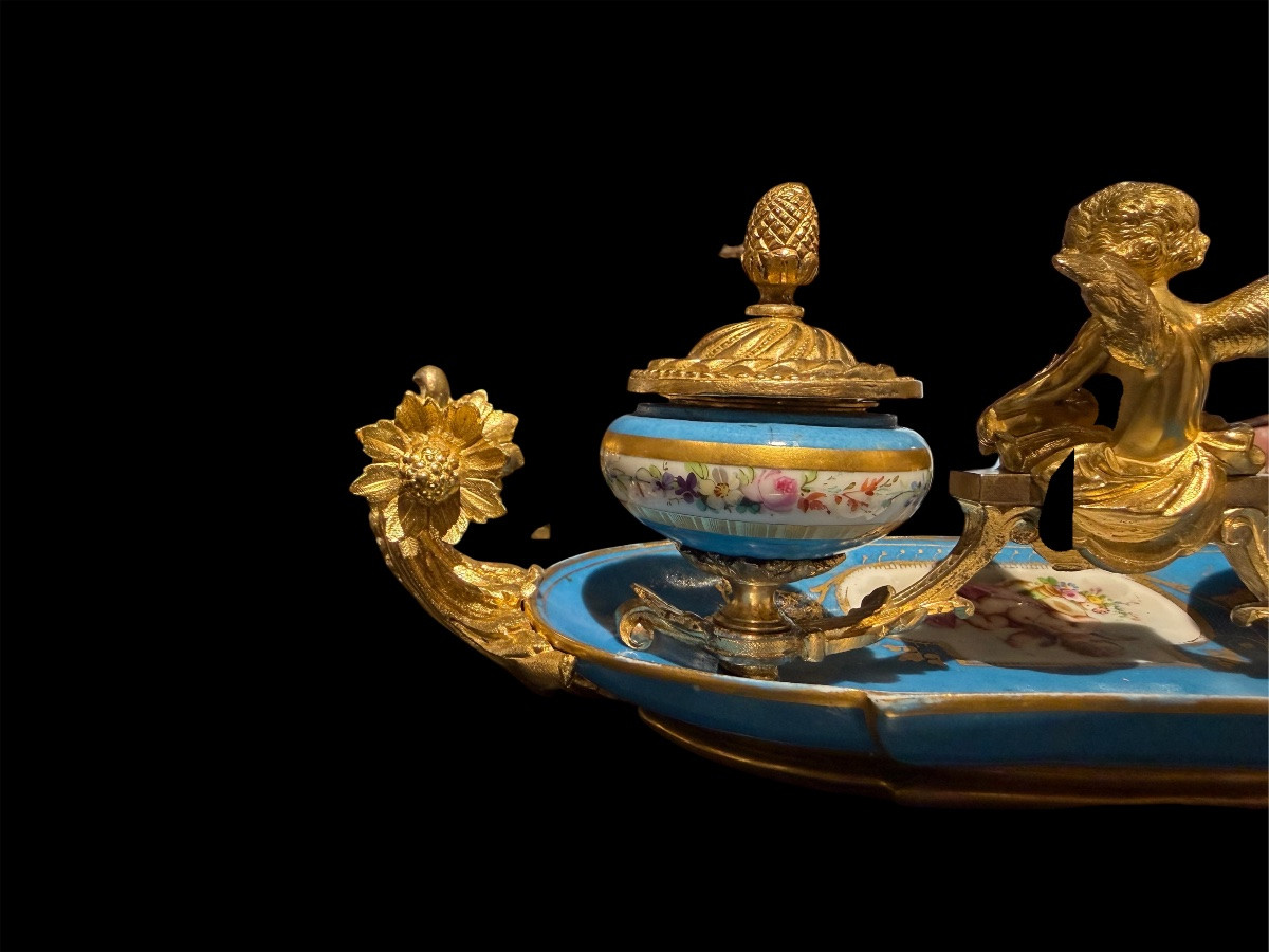 Calamaio in porcellana di Sèvres e bronzi dorati - Epoca Napoleone III-photo-3