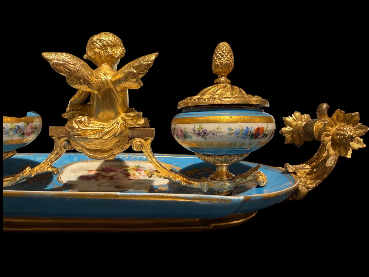 Calamaio in porcellana di Sèvres e bronzi dorati - Epoca Napoleone III-photo-4