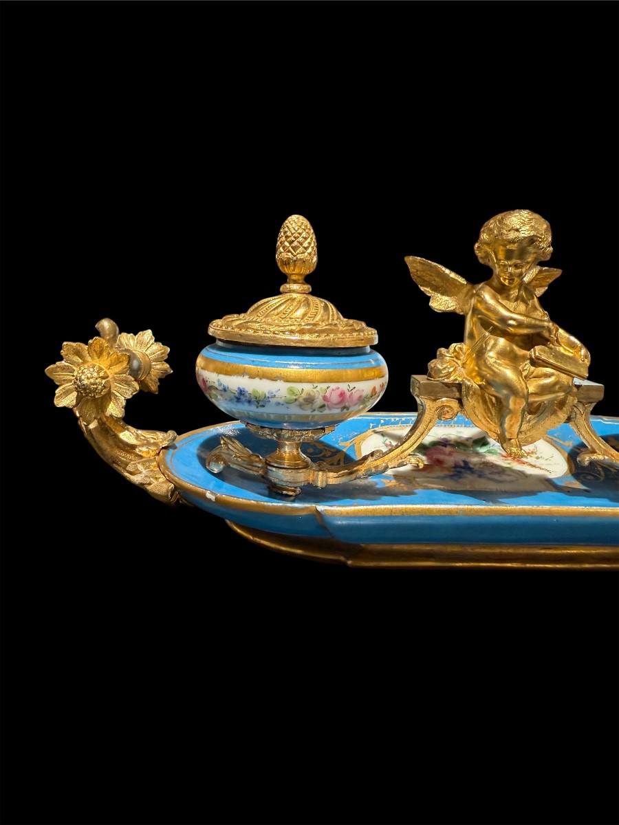 Calamaio in porcellana di Sèvres e bronzi dorati - Epoca Napoleone III-photo-5