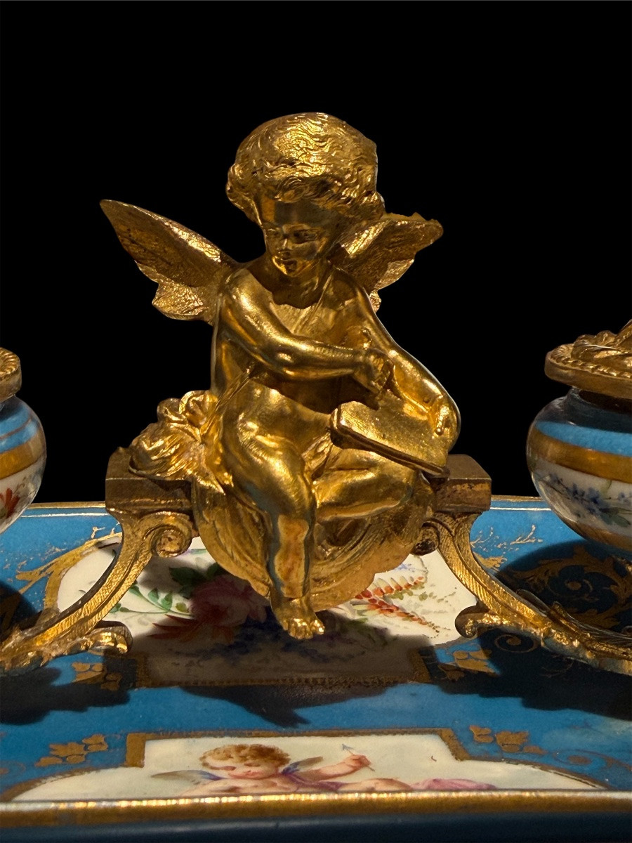 Calamaio in porcellana di Sèvres e bronzi dorati - Epoca Napoleone III-photo-7