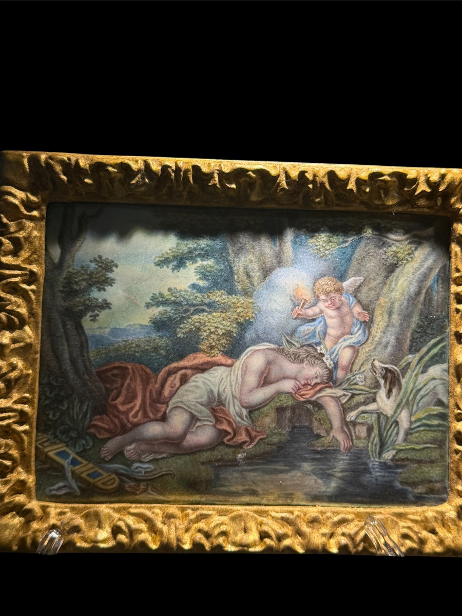 Dipinto su smalto raffigurante Venere e Amore presso una fonte - Epoca XVIII secolo-photo-2