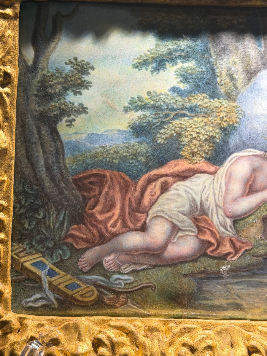 Dipinto su smalto raffigurante Venere e Amore presso una fonte - Epoca XVIII secolo-photo-3