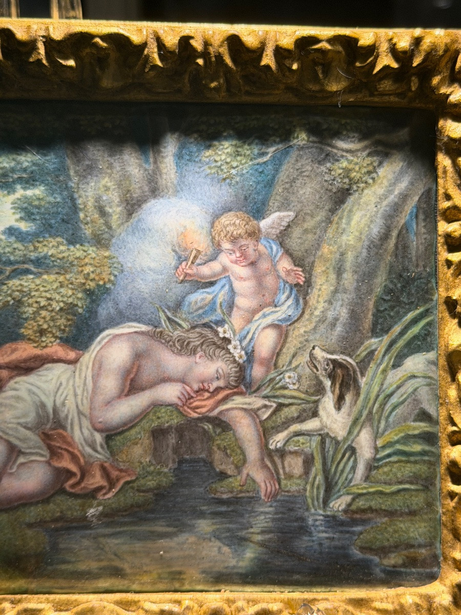 Dipinto su smalto raffigurante Venere e Amore presso una fonte - Epoca XVIII secolo-photo-4