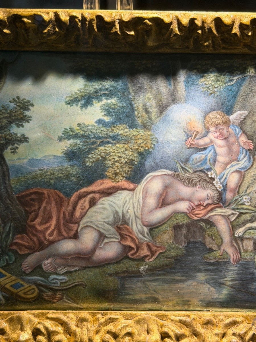 Dipinto su smalto raffigurante Venere e Amore presso una fonte - Epoca XVIII secolo-photo-1