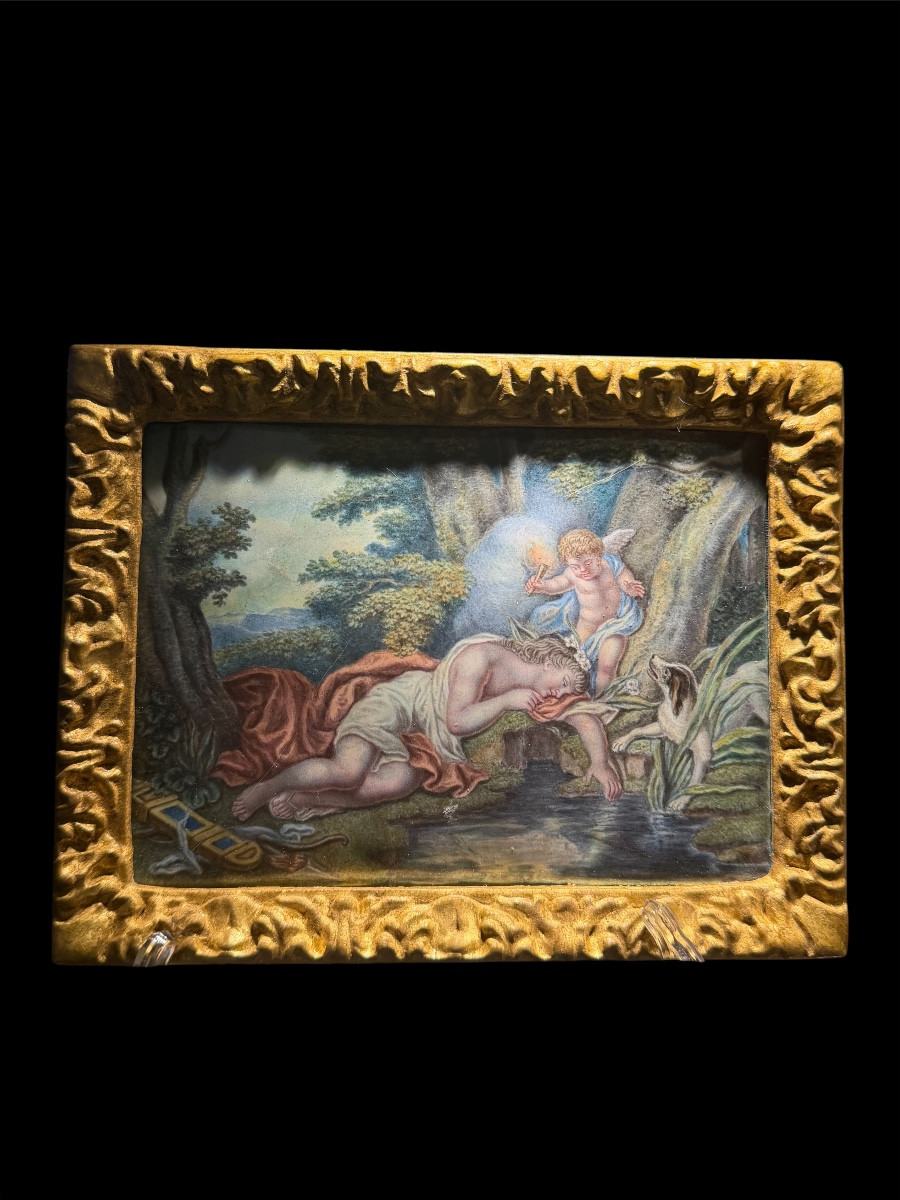 Dipinto su smalto raffigurante Venere e Amore presso una fonte - Epoca XVIII secolo