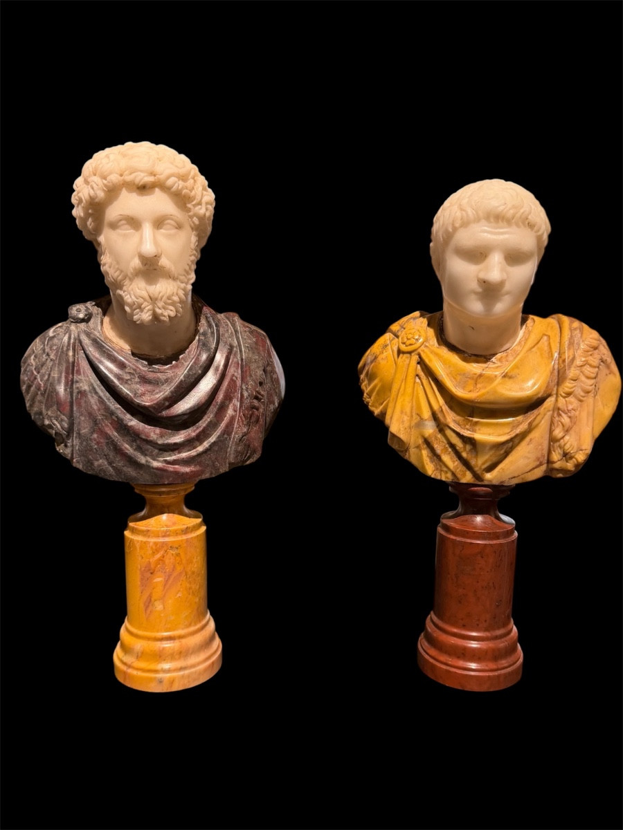 Coppia di Busti in Marmo Statuario - Marco Aurelio e Tito - Epoca Grand Tour, Fine XVII Sec