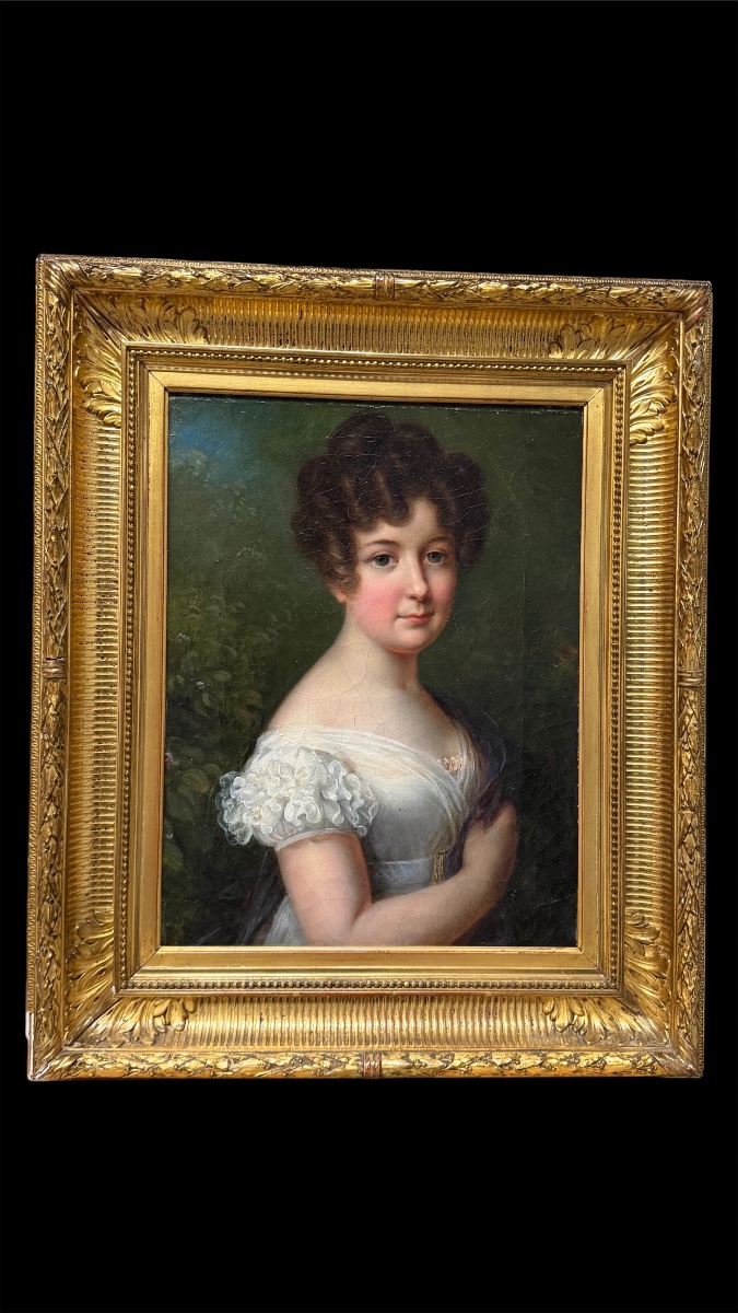 Ritratto di giovane dama, olio su tela, scuola francese epoca Impero, circa 1805–1820 -photo-2