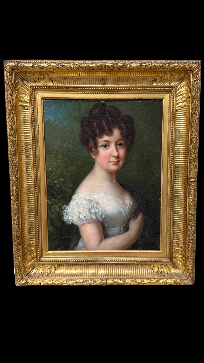 Ritratto di giovane dama, olio su tela, scuola francese epoca Impero, circa 1805–1820 