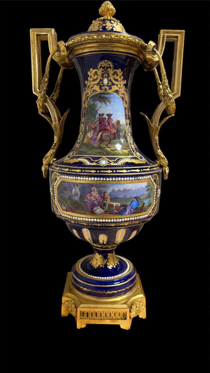 Coppia di Vasi in Porcellana di Sèvres e Bronzo Dorato, Decoro a Gioiello, 1840/1850-photo-4