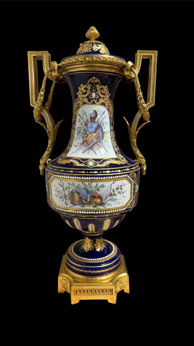 Coppia di Vasi in Porcellana di Sèvres e Bronzo Dorato, Decoro a Gioiello, 1840/1850-photo-1