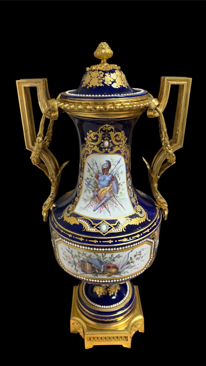 Coppia di Vasi in Porcellana di Sèvres e Bronzo Dorato, Decoro a Gioiello, 1840/1850-photo-2