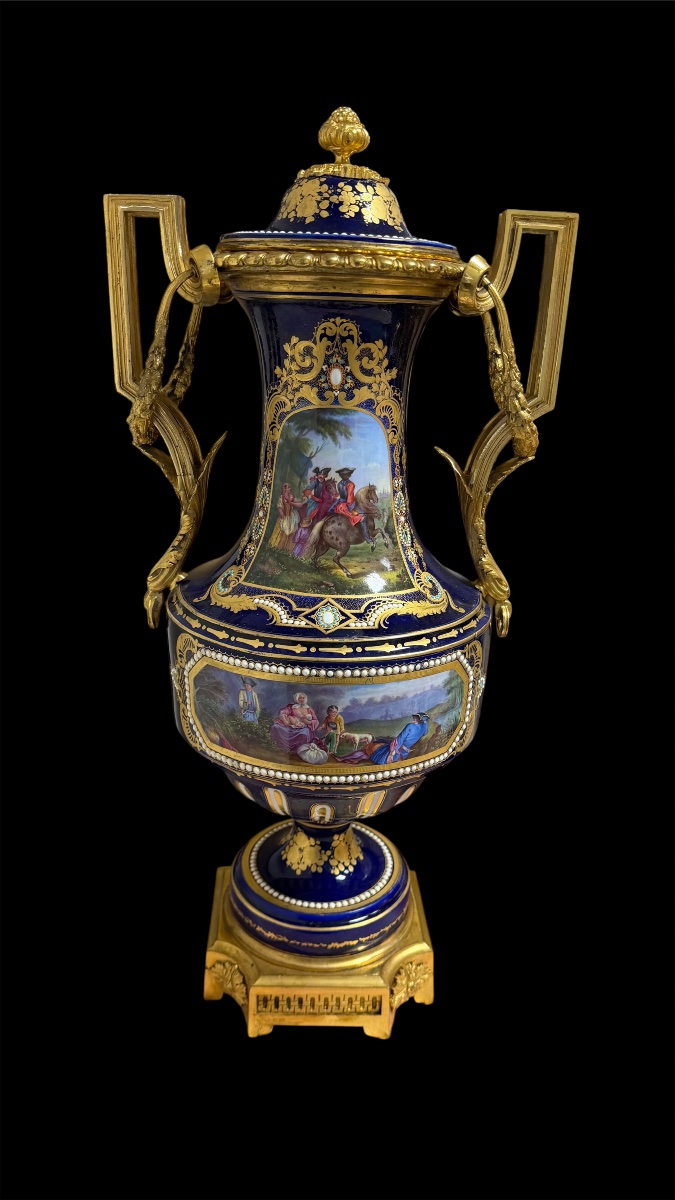 Coppia di Vasi in Porcellana di Sèvres e Bronzo Dorato, Decoro a Gioiello, 1840/1850-photo-3