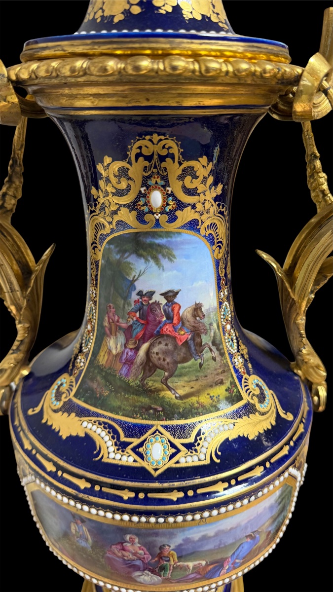Coppia di Vasi in Porcellana di Sèvres e Bronzo Dorato, Decoro a Gioiello, 1840/1850-photo-8