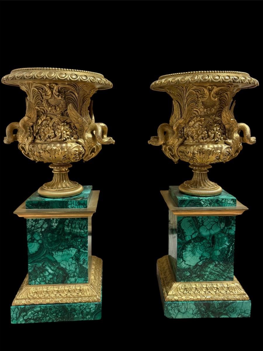 Coppia di vasi in bronzo dorato su basi in malachite, manifattura russa imperiale, XIX sec.-photo-2