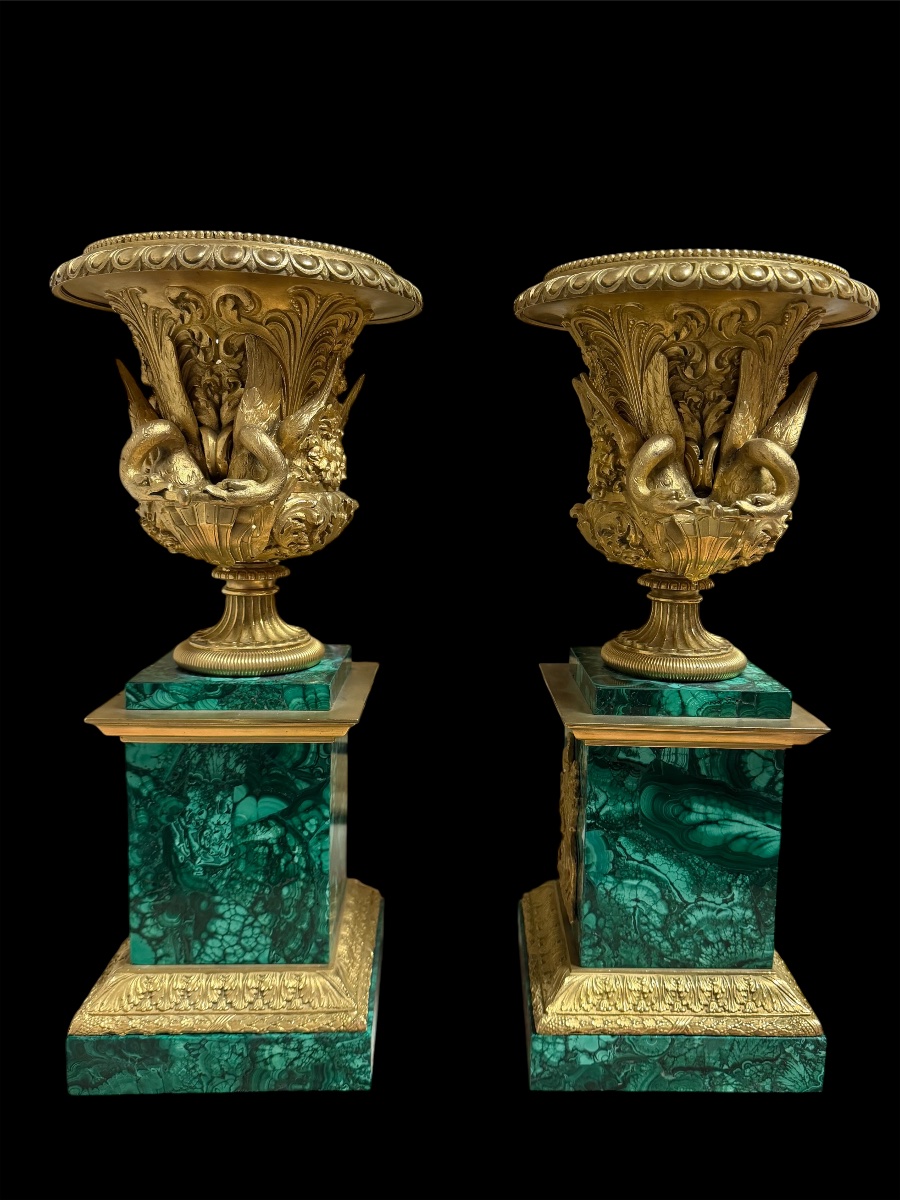 Coppia di vasi in bronzo dorato su basi in malachite, manifattura russa imperiale, XIX sec.-photo-3