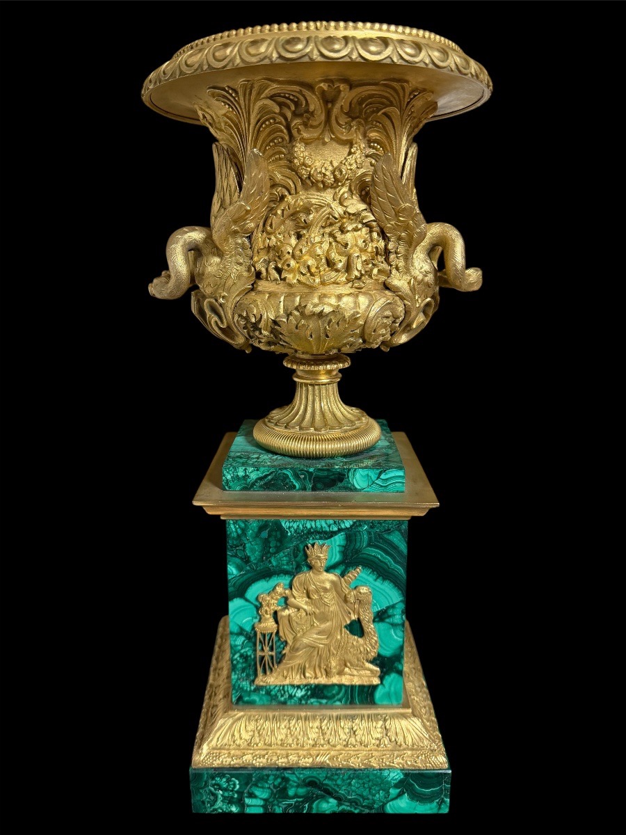 Coppia di vasi in bronzo dorato su basi in malachite, manifattura russa imperiale, XIX sec.-photo-4