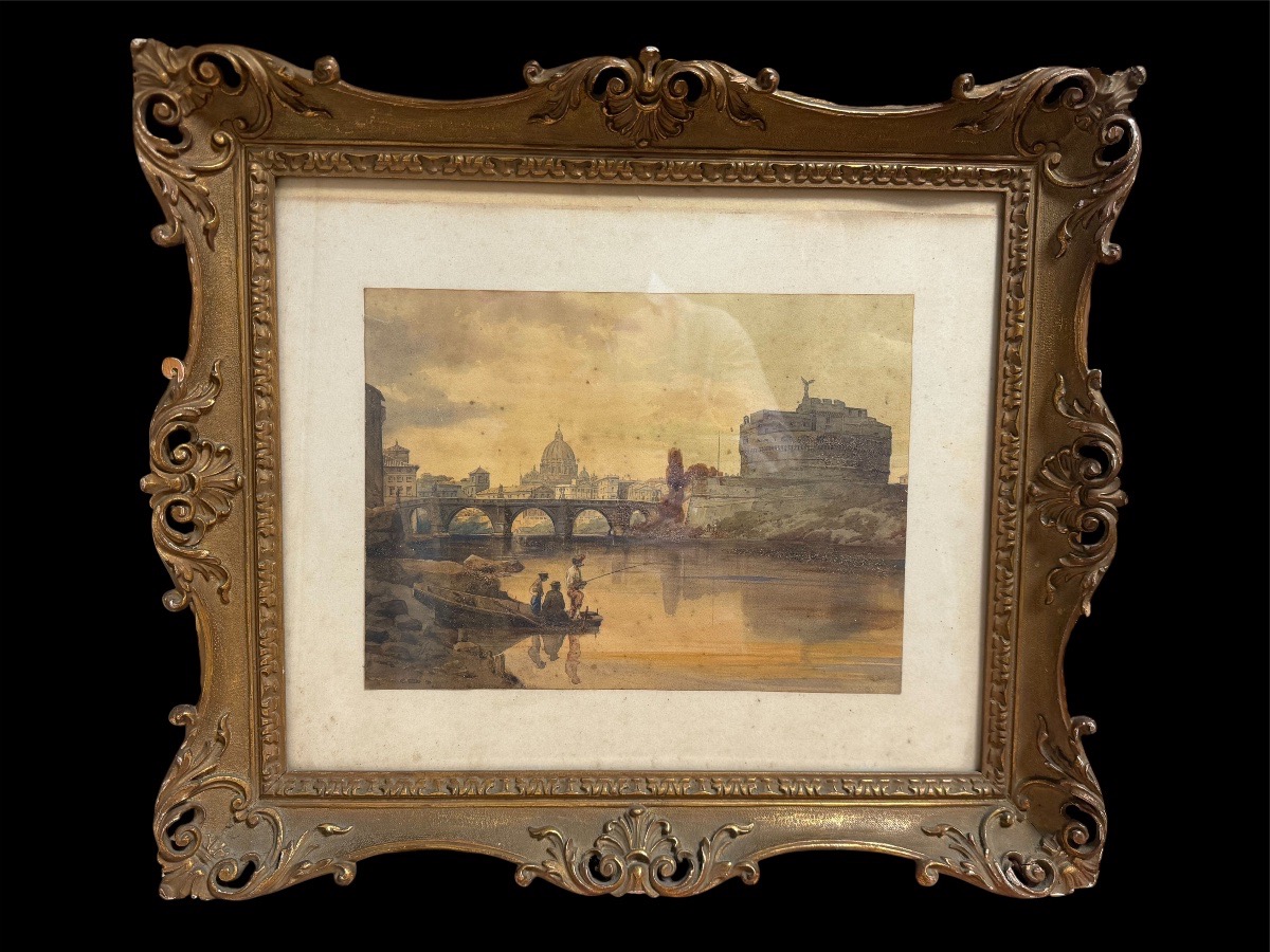 Federico Schianchi – Veduta di Roma con Castel Sant’Angelo, acquerello, XIX secolo-photo-2