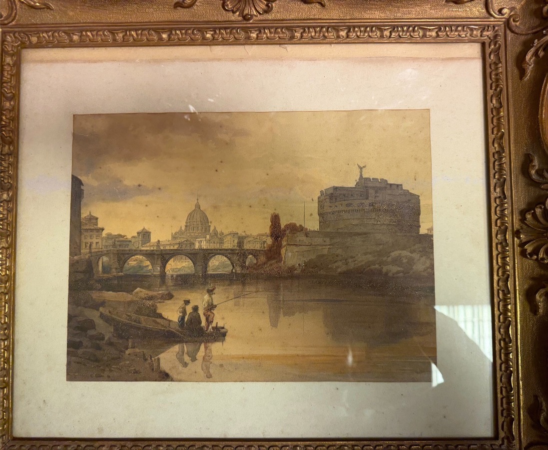 Federico Schianchi – Veduta di Roma con Castel Sant’Angelo, acquerello, XIX secolo-photo-3