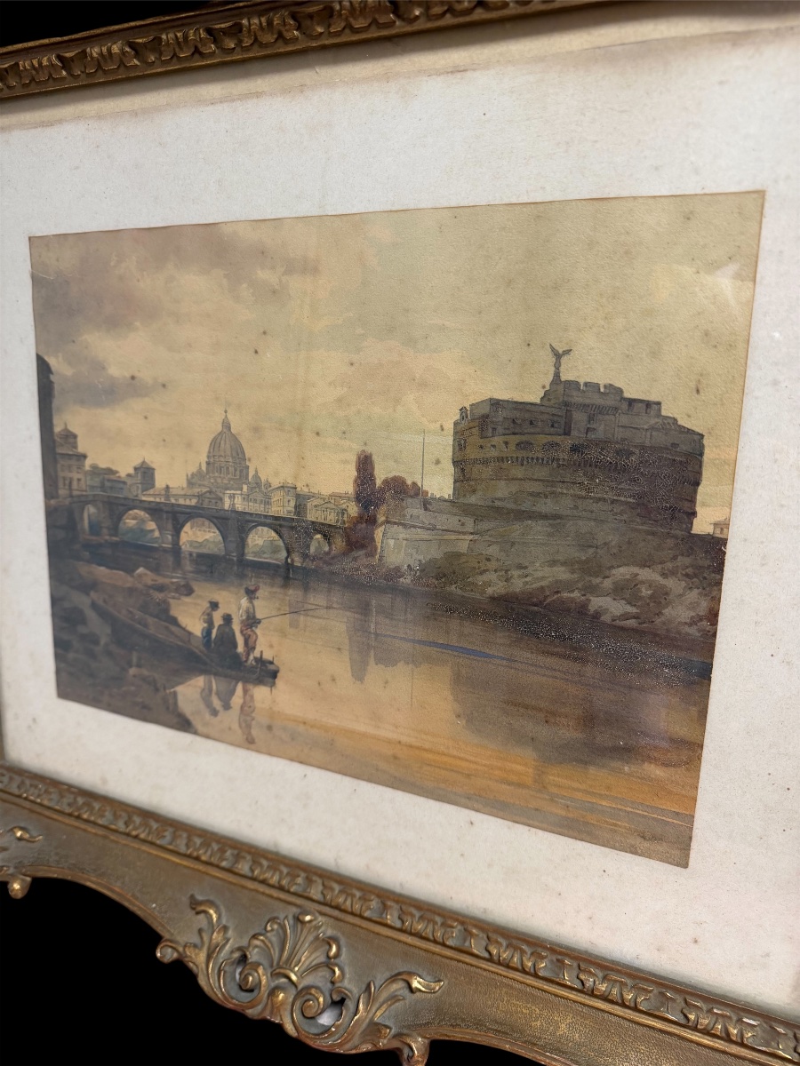 Federico Schianchi – Veduta di Roma con Castel Sant’Angelo, acquerello, XIX secolo-photo-4