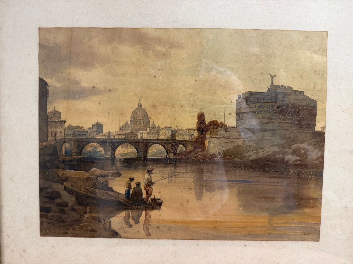 Federico Schianchi – Veduta di Roma con Castel Sant’Angelo, acquerello, XIX secolo-photo-1