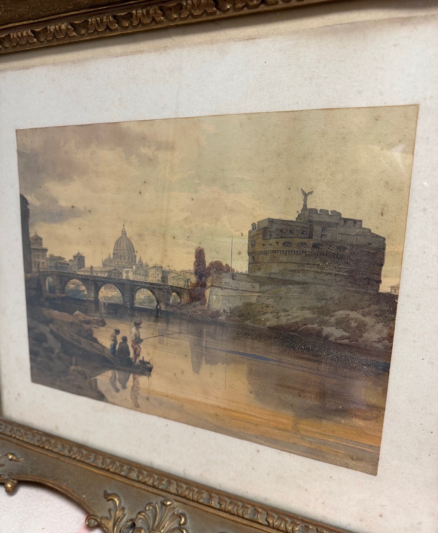 Federico Schianchi – Veduta di Roma con Castel Sant’Angelo, acquerello, XIX secolo-photo-2
