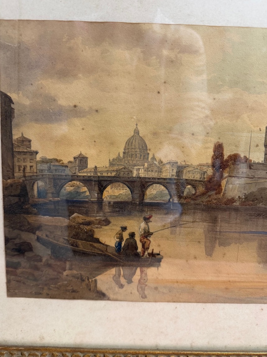 Federico Schianchi – Veduta di Roma con Castel Sant’Angelo, acquerello, XIX secolo-photo-3