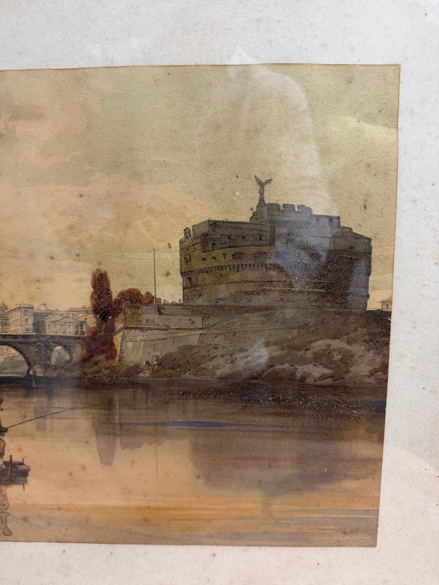 Federico Schianchi – Veduta di Roma con Castel Sant’Angelo, acquerello, XIX secolo-photo-4
