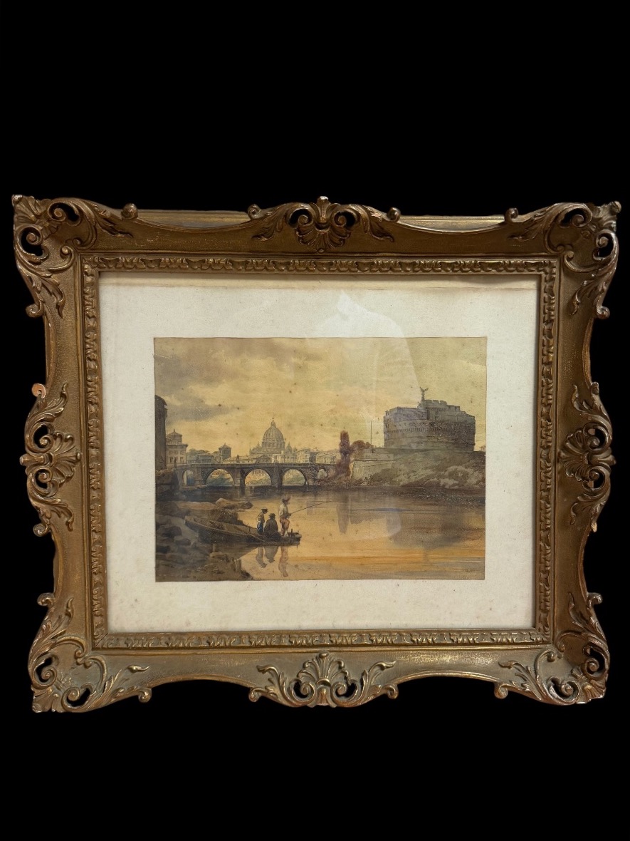 Federico Schianchi – Veduta di Roma con Castel Sant’Angelo, acquerello, XIX secolo
