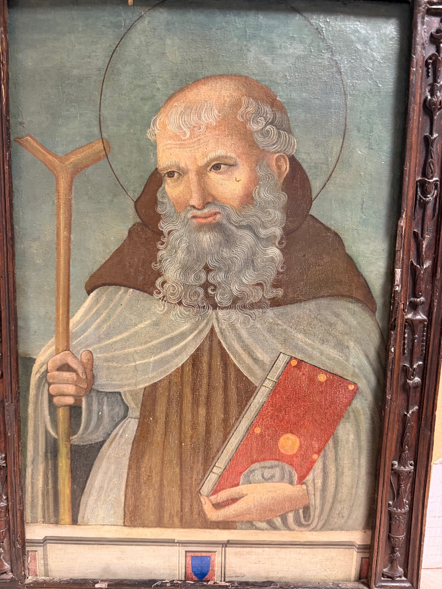 Tavola umbra del XV sec. – Sant'Antonio Abate con Tau e libro, cornice coeva intagliata-photo-2