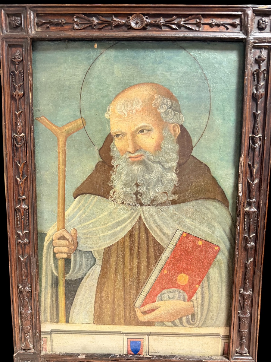 Tavola umbra del XV sec. – Sant'Antonio Abate con Tau e libro, cornice coeva intagliata-photo-3
