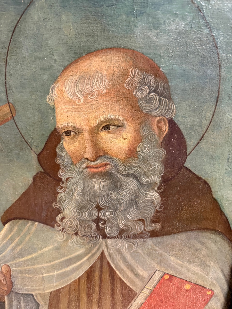 Tavola umbra del XV sec. – Sant'Antonio Abate con Tau e libro, cornice coeva intagliata-photo-4