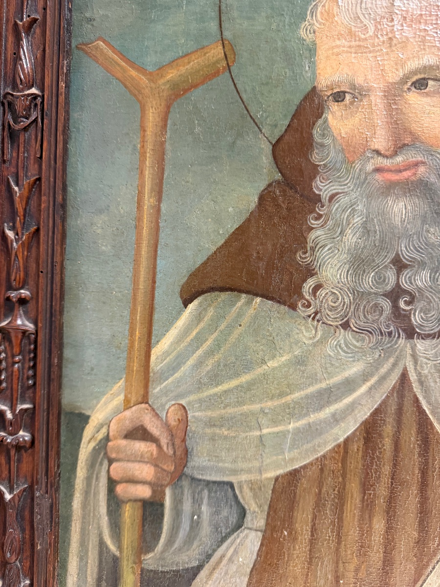 Tavola umbra del XV sec. – Sant'Antonio Abate con Tau e libro, cornice coeva intagliata-photo-1