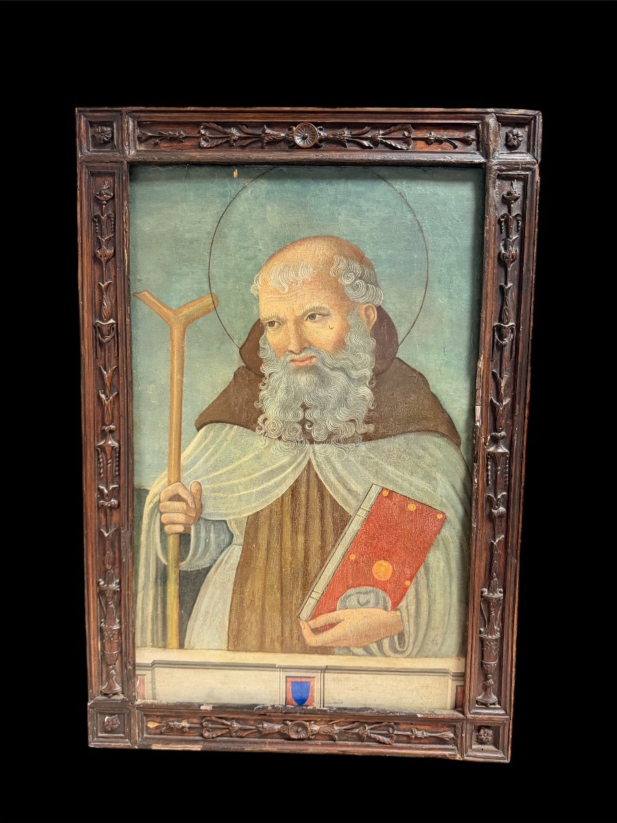 Tavola umbra del XV sec. – Sant'Antonio Abate con Tau e libro, cornice coeva intagliata