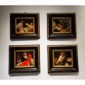 Quattro piccoli dipinti olio su tela entro cornici coeve raffiguranti "4 Evangelisti"