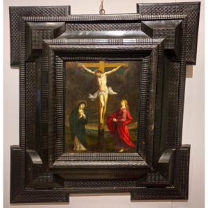 Dipinto ad olio su rame raffigurante "Crocifissione" fine '600