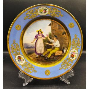 Piatto in porcellana raffigurante i costumi del Cantone di Vaud, Manifattura parigina Darte