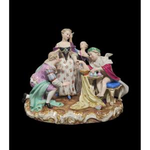 Gruppo in porcellana di Meissen raffigurante l'elisir d'amore