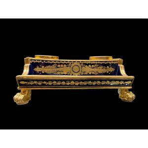 Calamaio Epoca Impero in Porcellana di Parigi, Fondo Bleu de Roi e Oro (1810-1820)