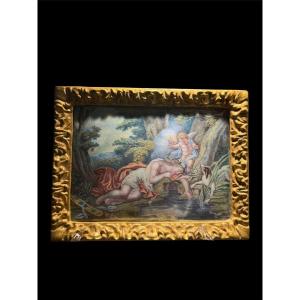 Dipinto su smalto raffigurante Venere e Amore presso una fonte - Epoca XVIII secolo