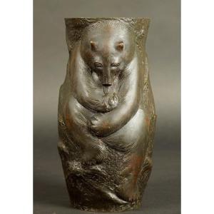 Vase With Bear, Bronze, Japan, 19th Century.