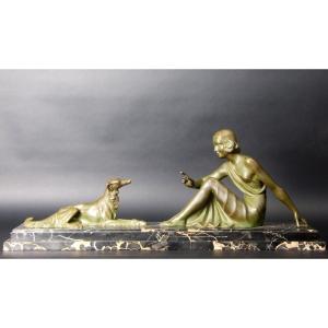 Woman With Hunting Dog, Bronze, Art Deco, Armand Godard, France, 1920s-1930s.