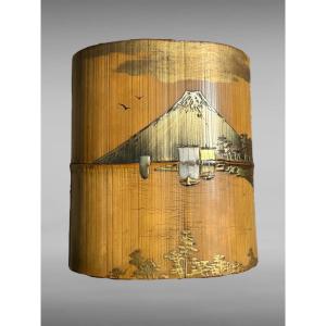 Tebako Covered Box In Lacquered Bamboo With A Decoration Of A Lake Landscape At Mount Fuji - Edo Period