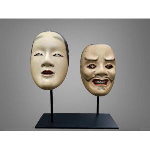 Meeting Of Two Noh Theatre Masks - Meiji Period (1868-1912). 