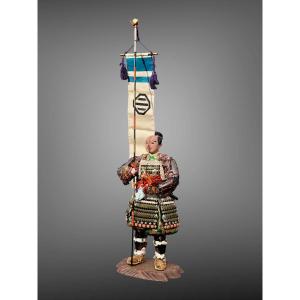 Musha Ningyô Doll Depicting A Squire Wearing Sashimono Of The Inaba Clan - Showa Period: 1926-1989