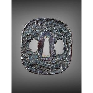 Iron Tsuba Kaku-maru-gata Decorated With Pine Branches, Edo Period (1603-1868).