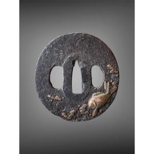 Iron Nara-maru-gata Tsuba Decorated With A Fish, Edo Period (1603-1868).