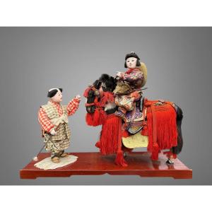 Musha Ningyô Doll Featuring A Samurai On Horseback And His Squire - Showa Period (1926-1989).