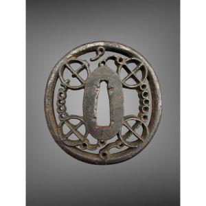 Openwork Wrought-iron Tsuba Maru-gata With Horse Bits - Edo Period (1603-1868).
