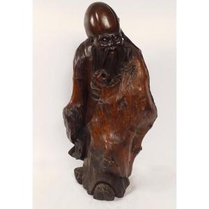 Large Wood Carving Statue Root God Longevity Shou Lao Shouxing China