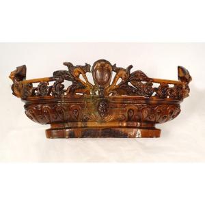 Fruit Bowl Planter Glazed Earth Mascarons Characters XIXth Century